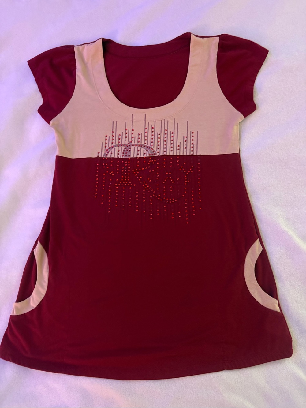 Early 2000s Y2K Bling Red and Cream Babydoll Mini Dress / Top